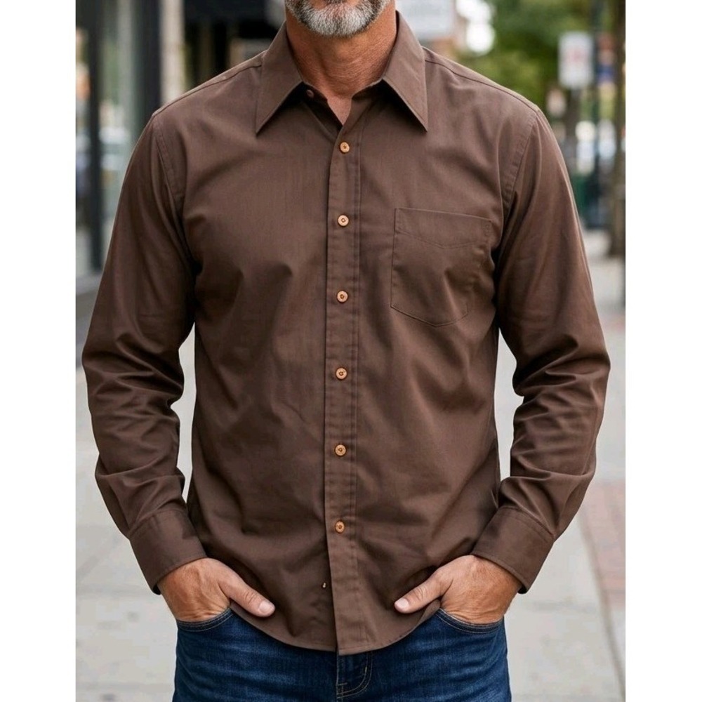 Vintage 1970s Branford Brown Button Down Shirt Polyester Permanent Press Large